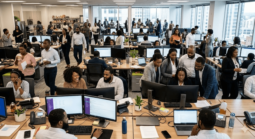 De-Verge Hub team in an office workspace